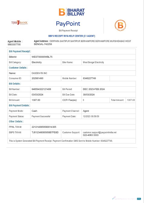 Download INDIA WEST BENGAL ELECTRICITY business utility bill Word and PDF template Photoshop template